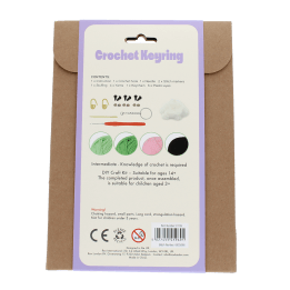 Crochet kit back packaging with safety warnings descriptions