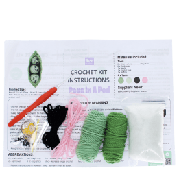 Crochet kit with yarns, hook, needle, stuffing, and instructions to make your own peas in a pod keyring