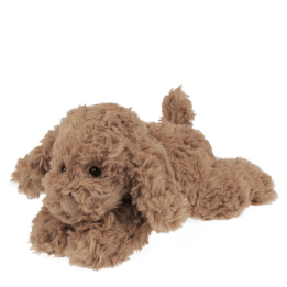 Brown plush dog toy lying down with floppy ears and soft fur