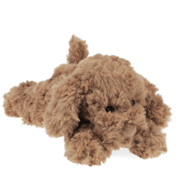 Brown plush dog toy lying down with floppy ears and soft fur