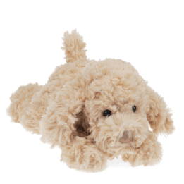 Light brown plush dog toy lying down with floppy ears and soft fur