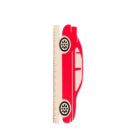 A red ruler shaped like a car with measurement markings along the bottom edge