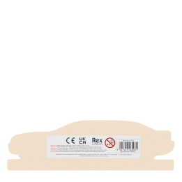 Back of wooden car ruler showing barcode and safety warnings.