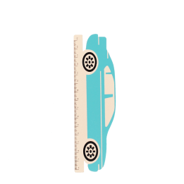 A blue ruler shaped like a car, with measurement markings along the bottom edge