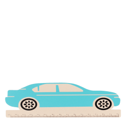 A blue ruler shaped like a car, with measurement markings along the bottom edge