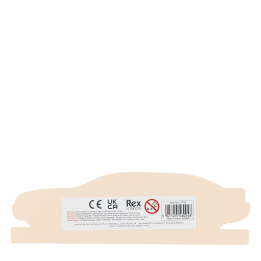 Back of wooden car ruler showing barcode and safey warnings.