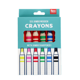 Pack of six jumbo wooden crayons in assorted colors with sharpener