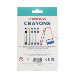 Back of jumbo crayons packaging showing descriptions and safey warnings.