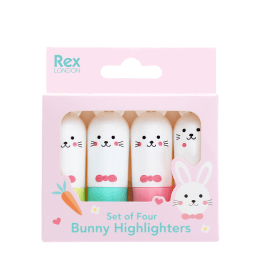 Set of four bunny-shaped highlighters in different colours in a pink box.