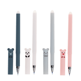 Pack of four animal-themed erasable gel pens in a different colour with cap off.