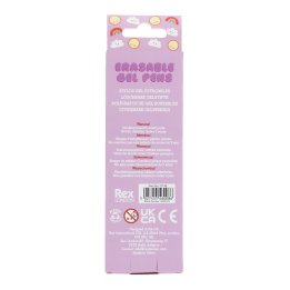 Back of animal erasable gel pens packaging showing descriptions and safety warnings.