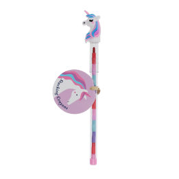 Unicorn stacking crayon with a white unicorn topper and a tag with unicorn print