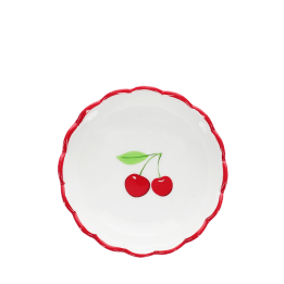 Round ceramic trinket dish with scalloped red edge and cherry design in the center.