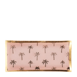 Rectangular trinket dish with gold rim and palm tree pattern on a pink background