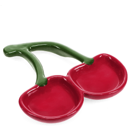 Red ceramic trinket dish shaped like two cherries with green stems.