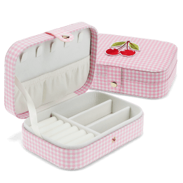 Pink gingham travel jewellery box with multiple compartments and slots.