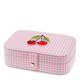 Pink gingham jewellery box with cherry design on the lid.