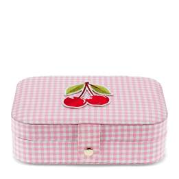 Pink gingham jewellery box with cherry design on the lid