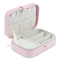 Pink gingham travel jewellery box with multiple compartments and slots.