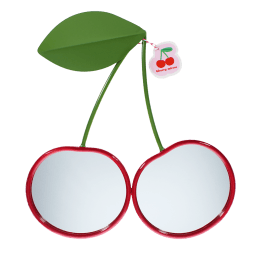 Wall mirror shaped like two cherries with red frames and green leaf detail