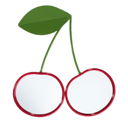 Wall mirror shaped like two cherries with red frames and green leaf detail