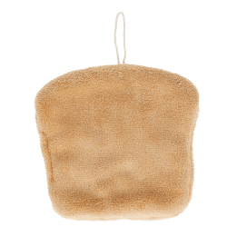 Back of a brown kitchen cloth shaped like a slice of bread with hanging loop