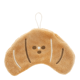 Brown kitchen cloth shaped like a croissant with hanging loop