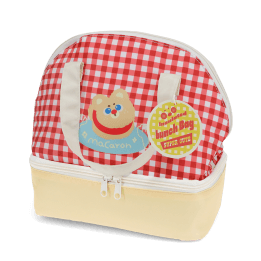 Red and white checkered lunch bag featuring a cute bear illustration with tag