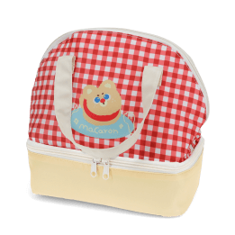 Red and white checkered lunch bag featuring a cute bear illustration with tag