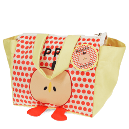 Yellow handbag with red polka dots and a cartoon apple design with two red feet at the bottom with tag