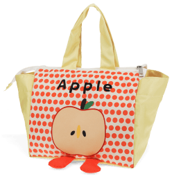 Yellow handbag with red polka dots and a cartoon apple design with two red feet at the bottom
