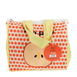 Yellow handbag with red polka dots and a cartoon apple design with two red feet at the bottom with tag