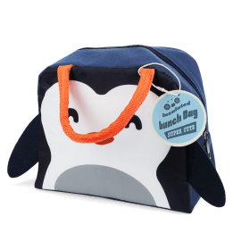 Navy blue lunch bag with orange handles and a cute penguin face design on the front and a black wings on each side