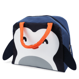 Navy blue lunch bag with orange handles and a cute penguin face design on the front and a black wings on each side