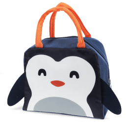 Navy blue lunch bag with orange handles and a cute penguin face design on the front, featuring black wings on each side.