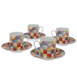 Set Of 4 Multicolour Geometric Espresso Cups And Saucers
