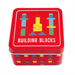 Wooden Building Blocks In A Tin