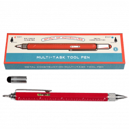 Red multi task tool pen with spirit level, removed touchscreen stylus and cross head screwdriver shown and box