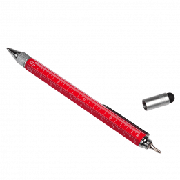 Red multi task tool pen with removed touchscreen stylus, cross head screwdriver and rulers in inches and centimetres shown