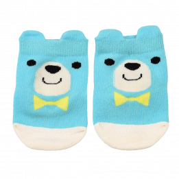 Pair of blue and white baby socks front side featuring bear face with yellow bow tie