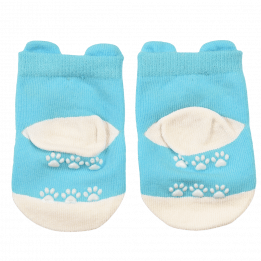 Pair of blue and white baby socks heel side featuring paw prints