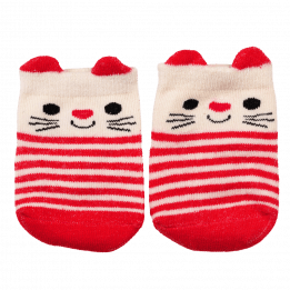 Pair of red and white striped baby socks front side featuring cat face