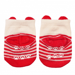 Pair of red and white striped baby socks heel side featuring paw prints