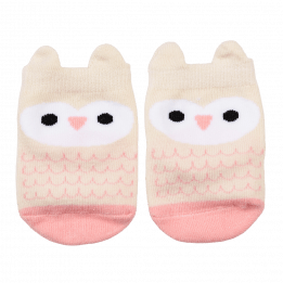 Pair of grey and pink baby socks front side featuring owl face