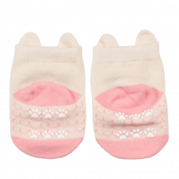 Pair of grey and pink baby socks heel side featuring paw prints