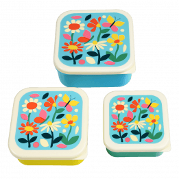 Three plastic snack boxes large medium small featuring prints of butterflies amongst flowers