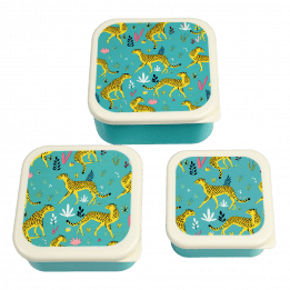 Three plastic snack boxes large medium small featuring prints of cheetahs