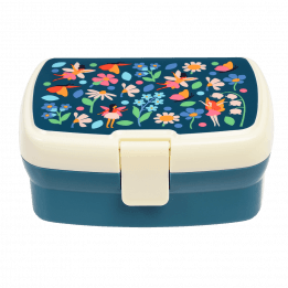 Dark blue lunch box with cream and dark blue lid featuring print of fairies amongst flowers