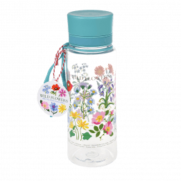 Plastic water bottle with blue lid wild flower pattern