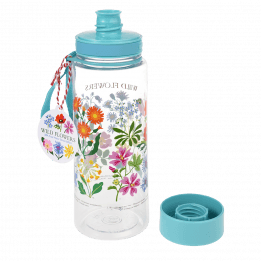 Plastic water bottle with blue lid unscrewed floral pattern 